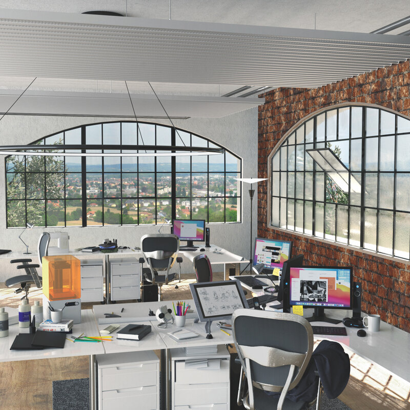 Rendering Zehnder ZFP Urban Heating and cooling ceiling system Angled view