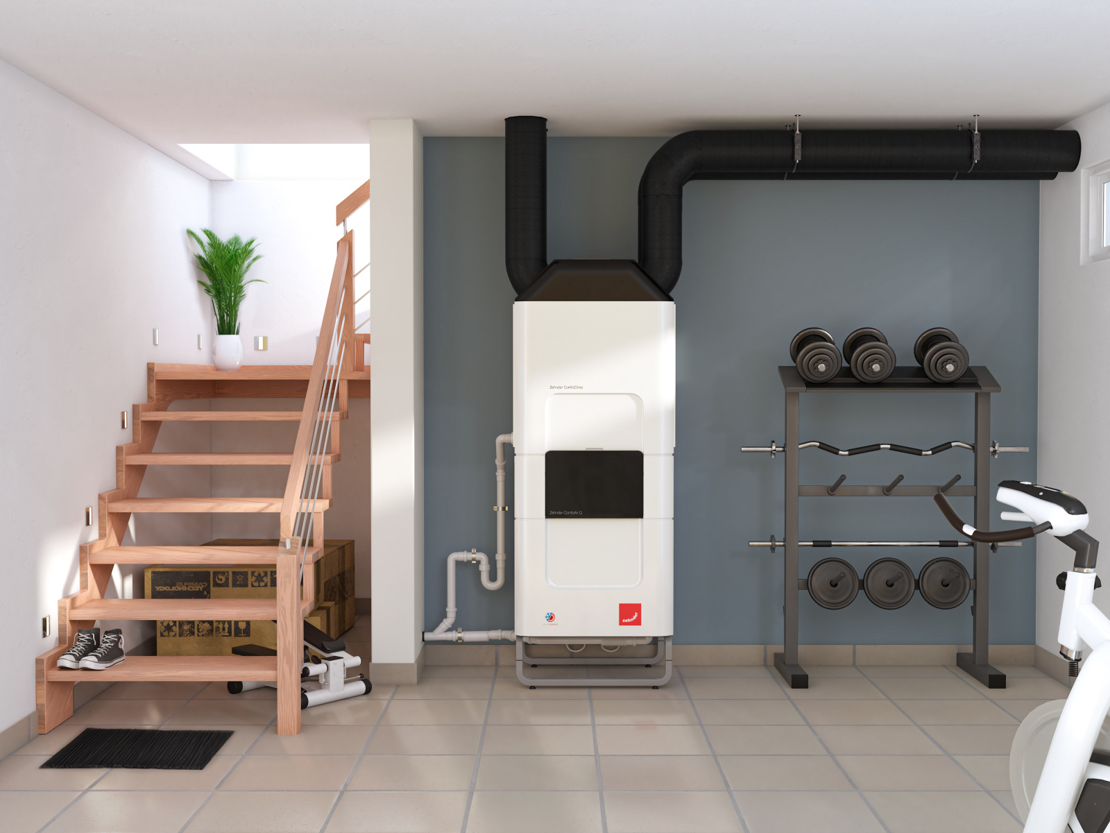 Installed Comfo Clime, combined with Comfo Air Q, with drain and Comfo Pipe plus, basement room, laundry room, utility room, fitness room, training room,CA Q,