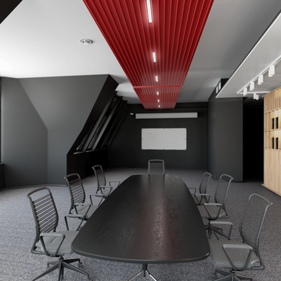 Zehnder_RHC_ZFP-Urban_RubyRed_Milieu_Office ZFP Urban, Office Space, Black Interior, Rubyred, with light on Urban,