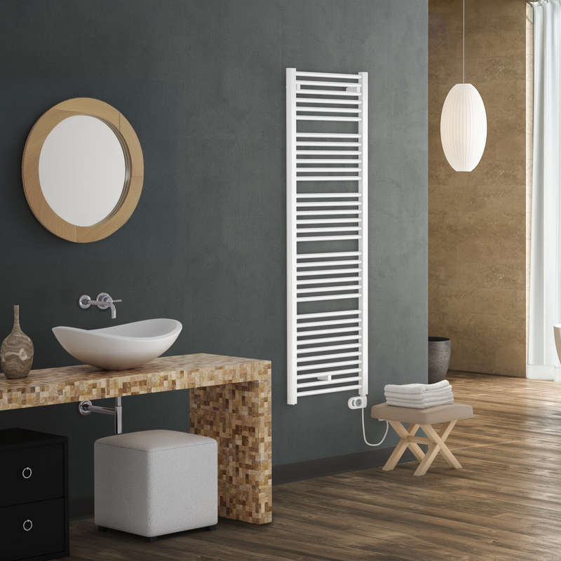 Blank dark blue wall for mock up of bathroom cabinet, in modern bathroom, bathtub, parquet floor, city view from window. 3d rendering