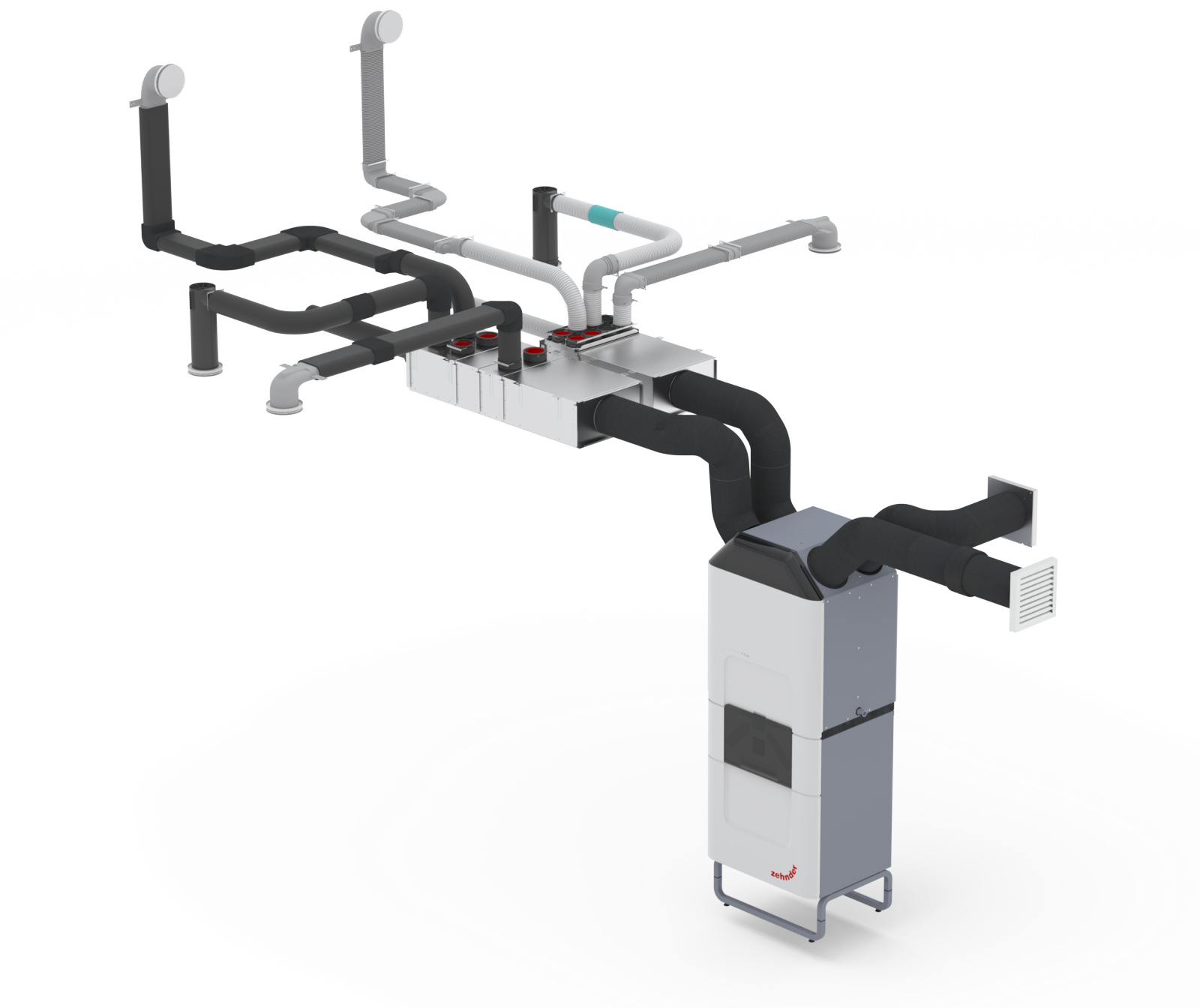 Zehnder_CSY_ComfoClime_24+36_system drawing withThermal Shield Rendering Zehnder ComfoClime 36 Comfortable indoor ventilation Angled view