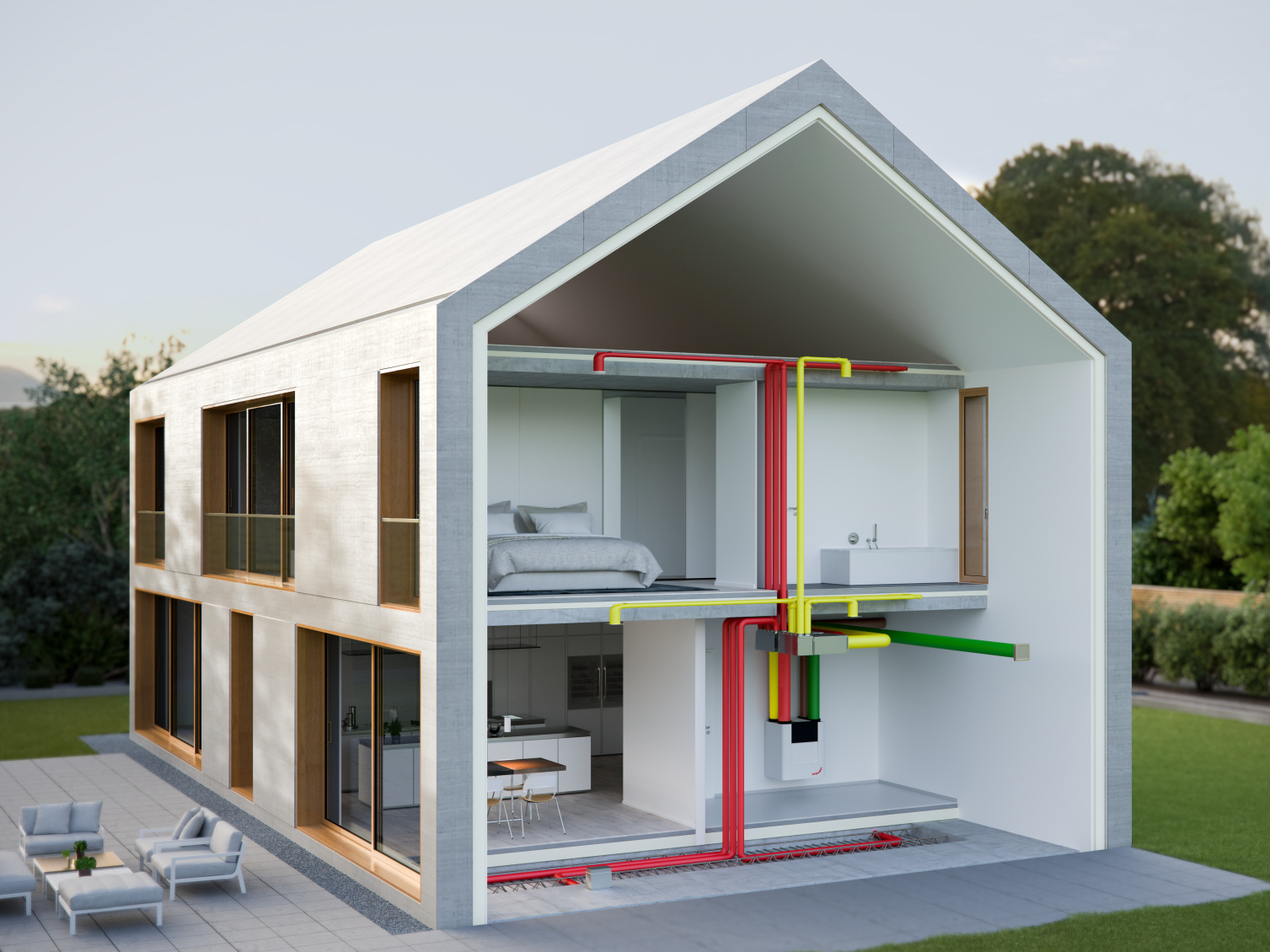 Integrated Indoor Climate System Model of a house showing integrated heating, cooling, and ventilation systems