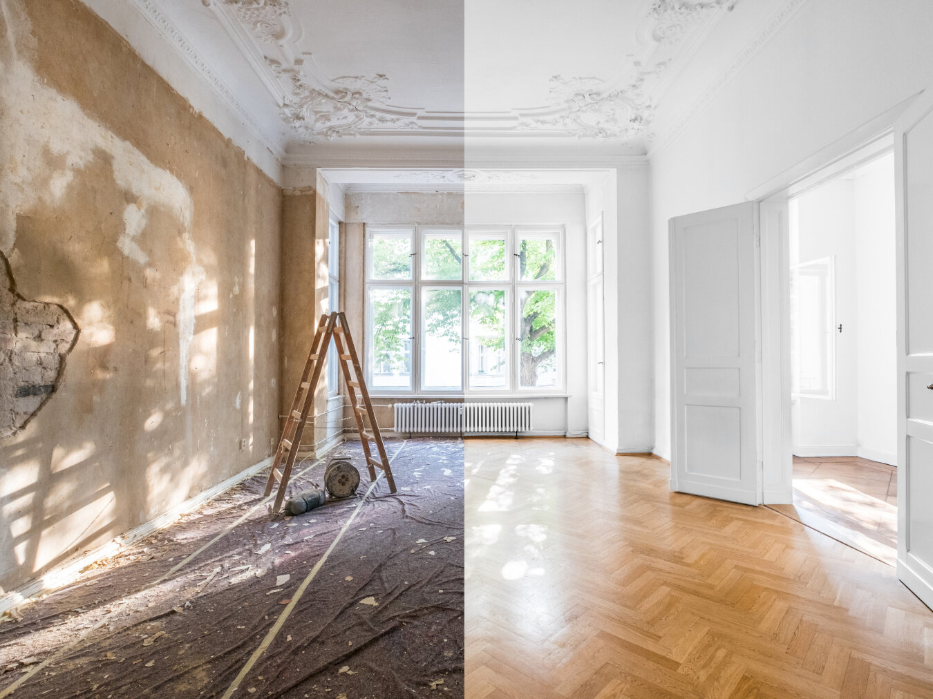 Partial Renovation Room Transformation Before and after view of a room undergoing partial renovation with structural changes
