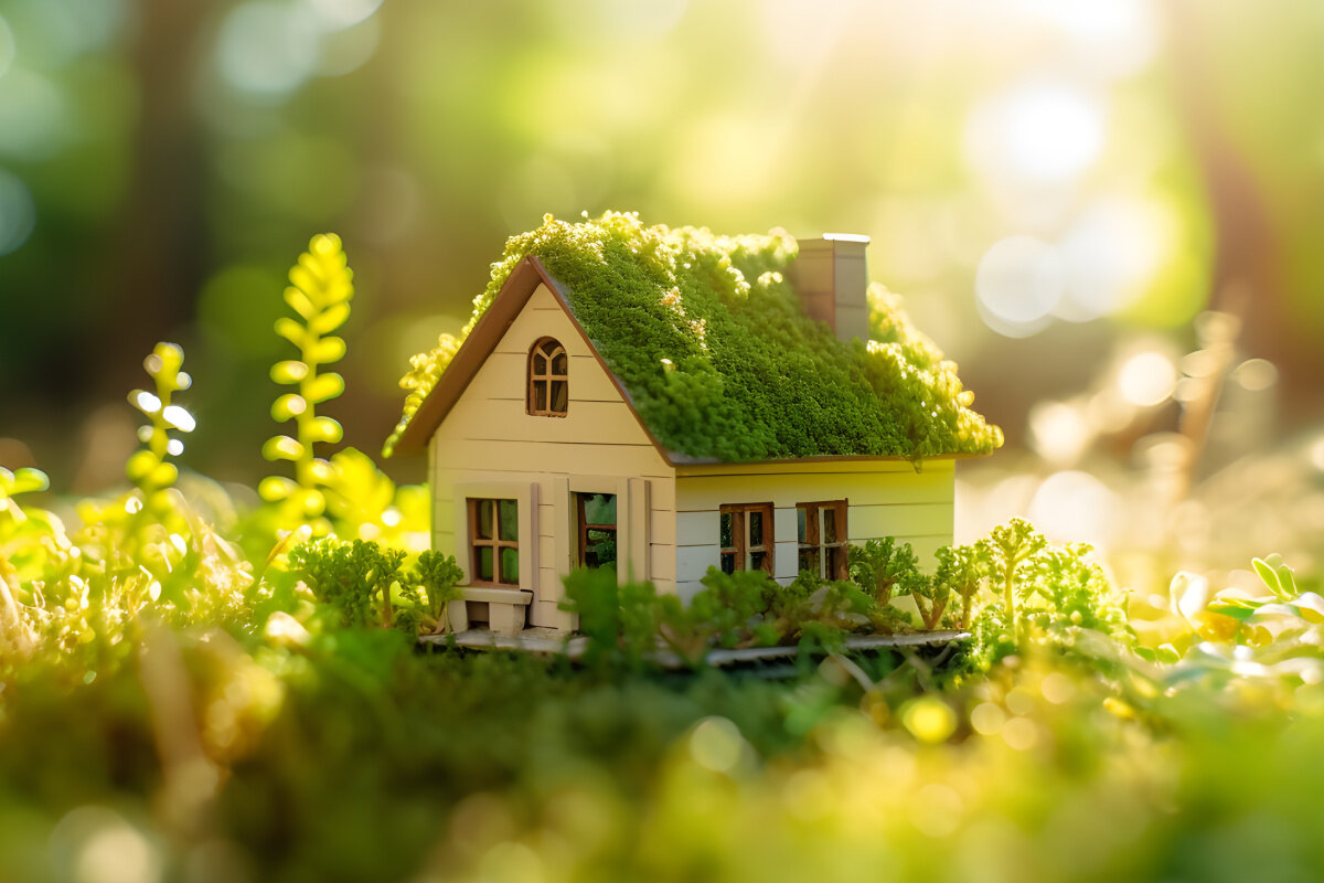 AdobeStock_626717510 Eco House In Green Environment. Miniture House On Grass, KI-generated, sustainability , nachhaltiges renovieren , SFH