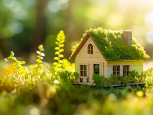 Eco House In Green Environment. Miniture House On Grass, KI-generated, sustainability , nachhaltiges renovieren , SFH