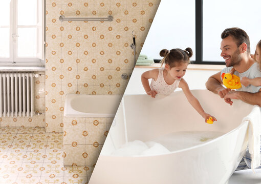 A two-part image showing an old bathroom with patterned tiles on the left and a modern, bright bathroom with a white bathtub on the right, in which an adult is playing with two children.