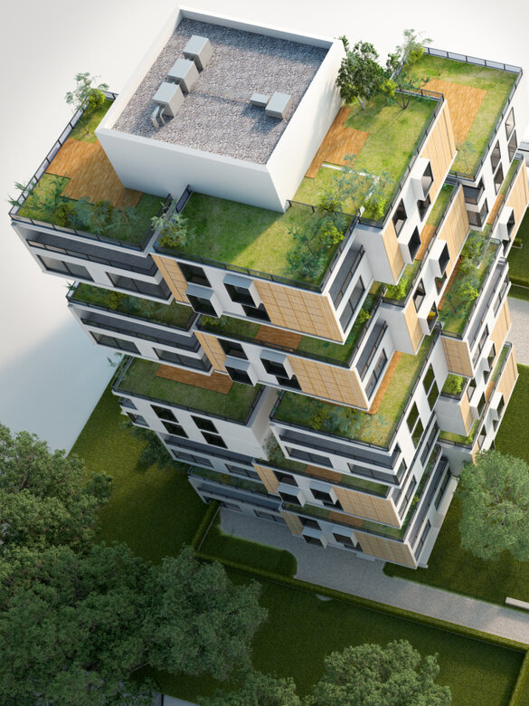 3D rendering of a Sustainable building architecture model with blueprints, energy efficiency chart and other documents, Energy effizientes bauen/planen / MFH, Mehrfamilienhaus, Renovieren