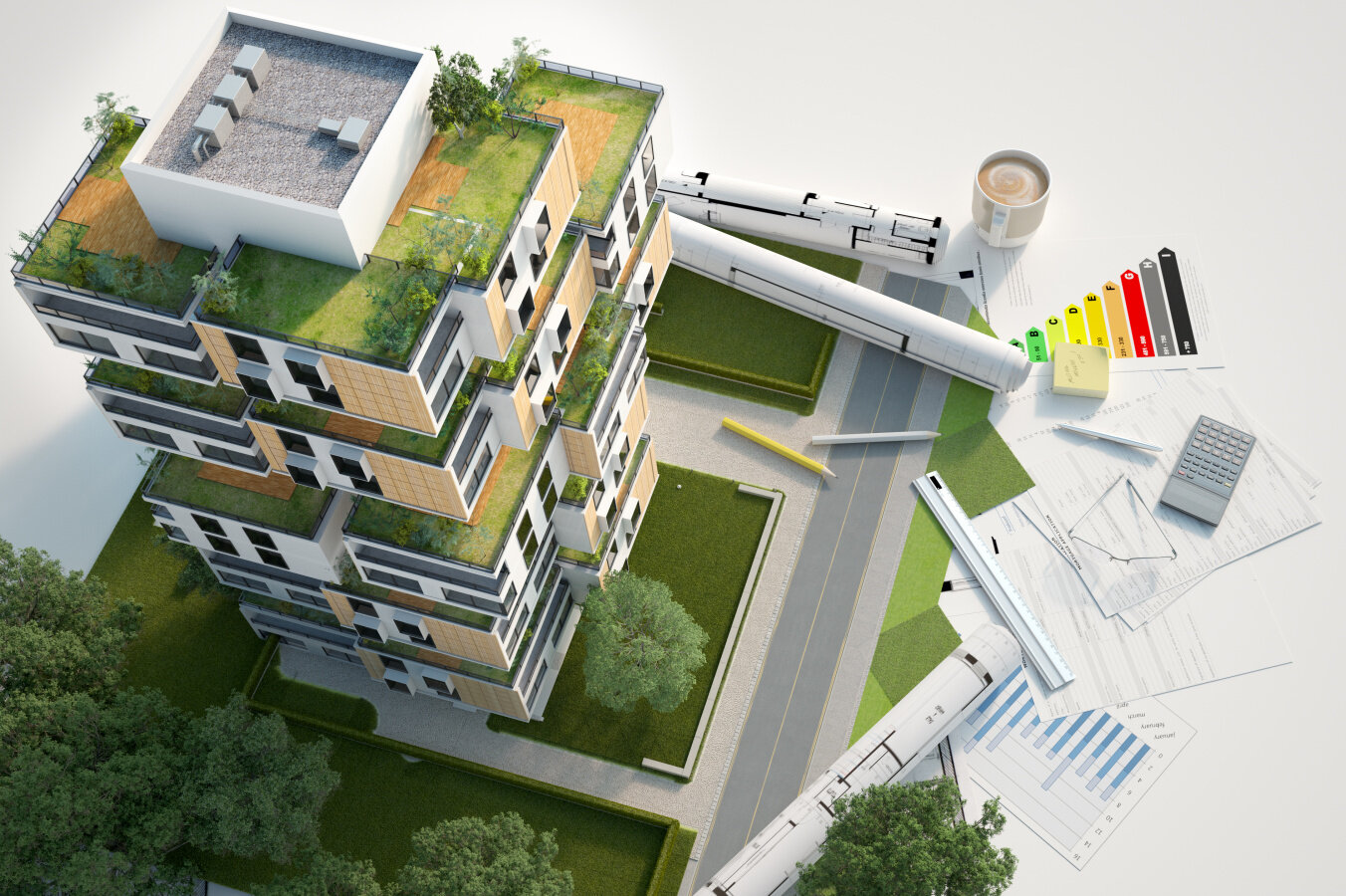 3D rendering of a Sustainable building architecture model with blueprints, energy efficiency chart and other documents, Energy effizientes bauen/planen / MFH, Mehrfamilienhaus, Renovieren