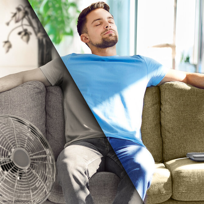 Young man relaxing on couch enjoying fresh air of comfortable indoor climate