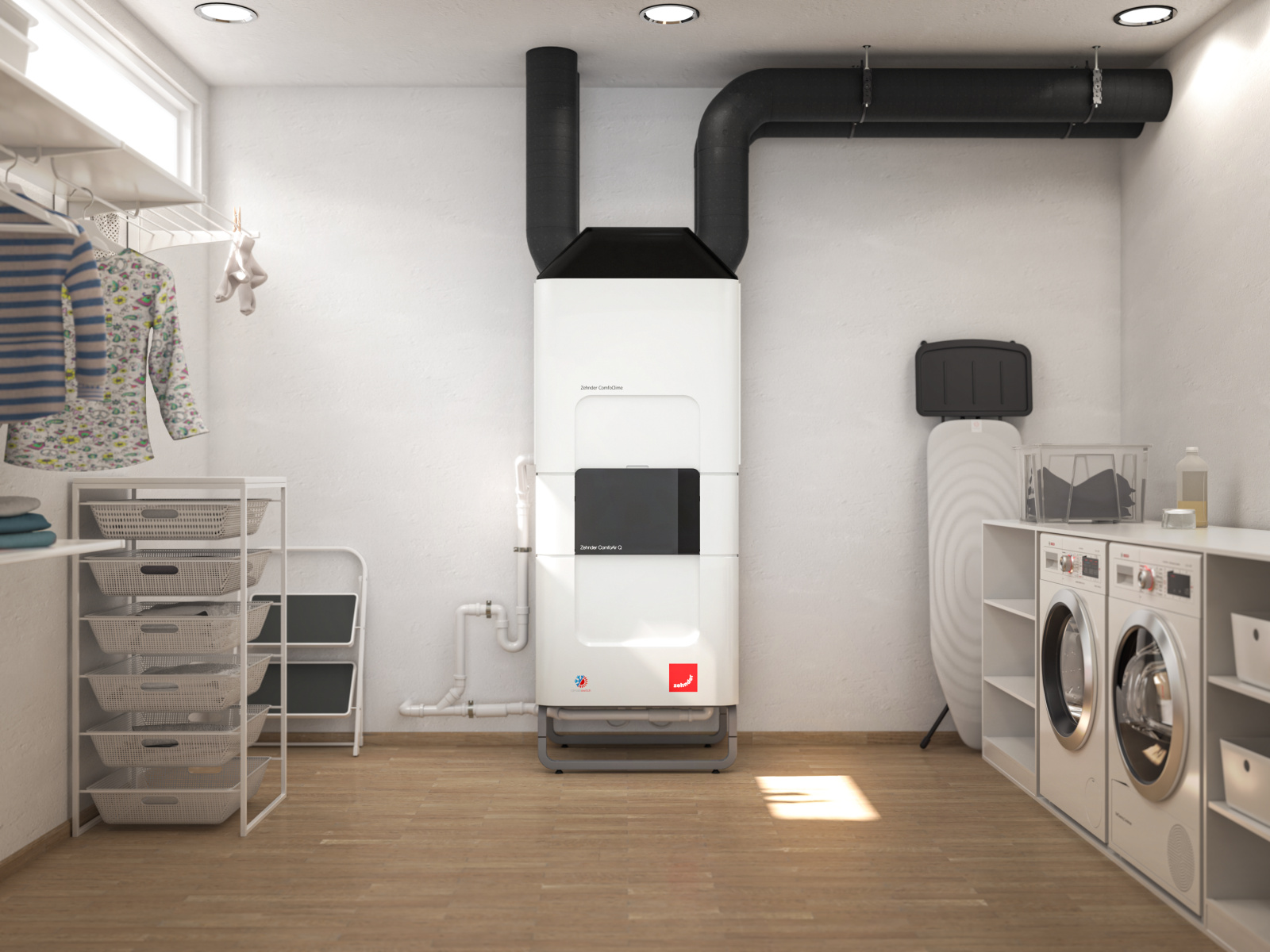 Installed Comfo Clime, combined with Comfo Air Q, with drain and Comfo Pipe plus, basement room, laundry room, utility room,CA Q,