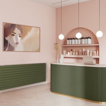 Cozy pink salon, interior with reception desk, beauty products, side view, Barber shop, 3D rendering, light comercial, Zehnder, Nova Neo, VNX2 074-200 (7610),  AdobeStock_616656798,