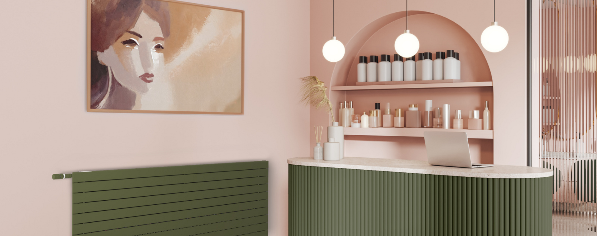 Cozy pink salon, interior with reception desk, beauty products, side view, Barber shop, 3D rendering, light comercial, Zehnder, Nova Neo, VNX2 074-200 (7610),  AdobeStock_616656798,