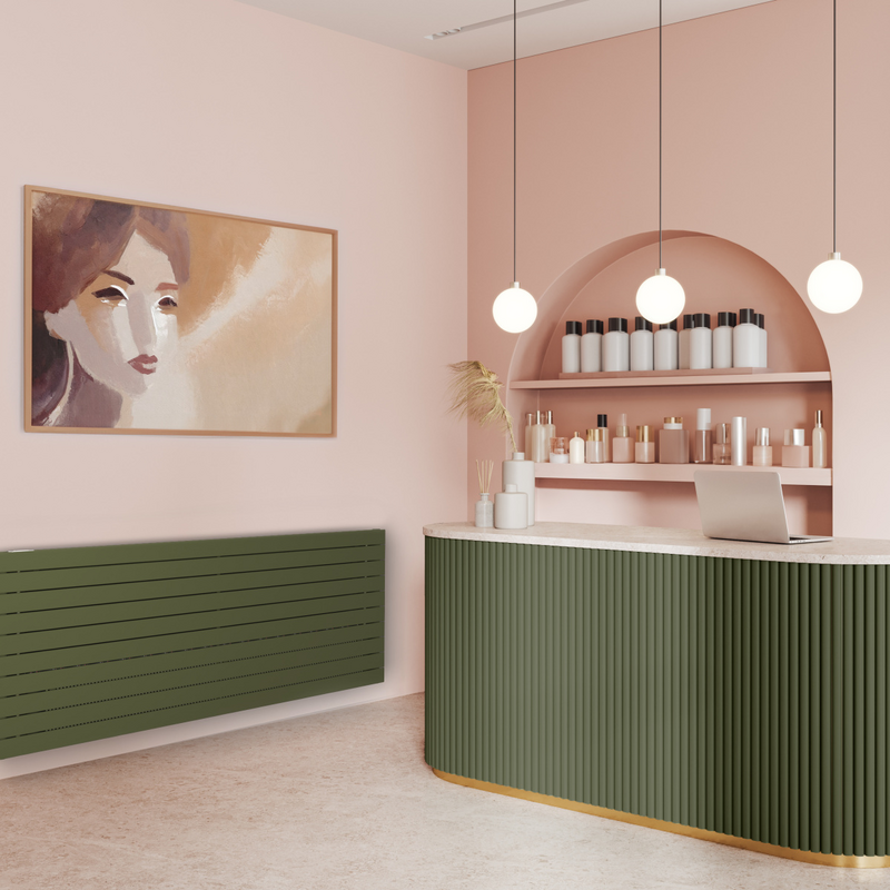 Cozy pink salon, interior with reception desk, beauty products, side view, Barber shop, 3D rendering, light comercial, Zehnder, Nova Neo, VNX2 074-200 (7610),  AdobeStock_616656798,