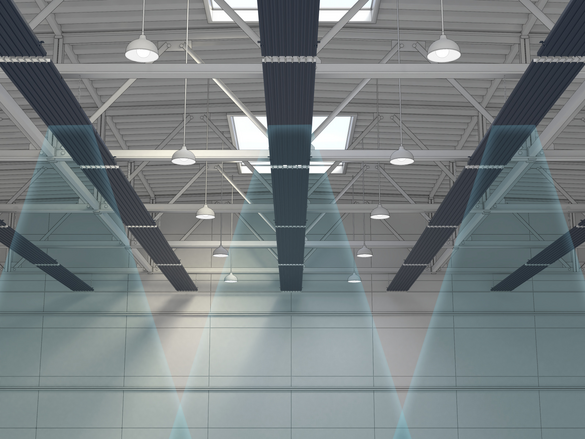 Radiant ceiling panel ZFP, In a warehouse hall, Blue night, Heat radiation, Graphic, Drawn optics,