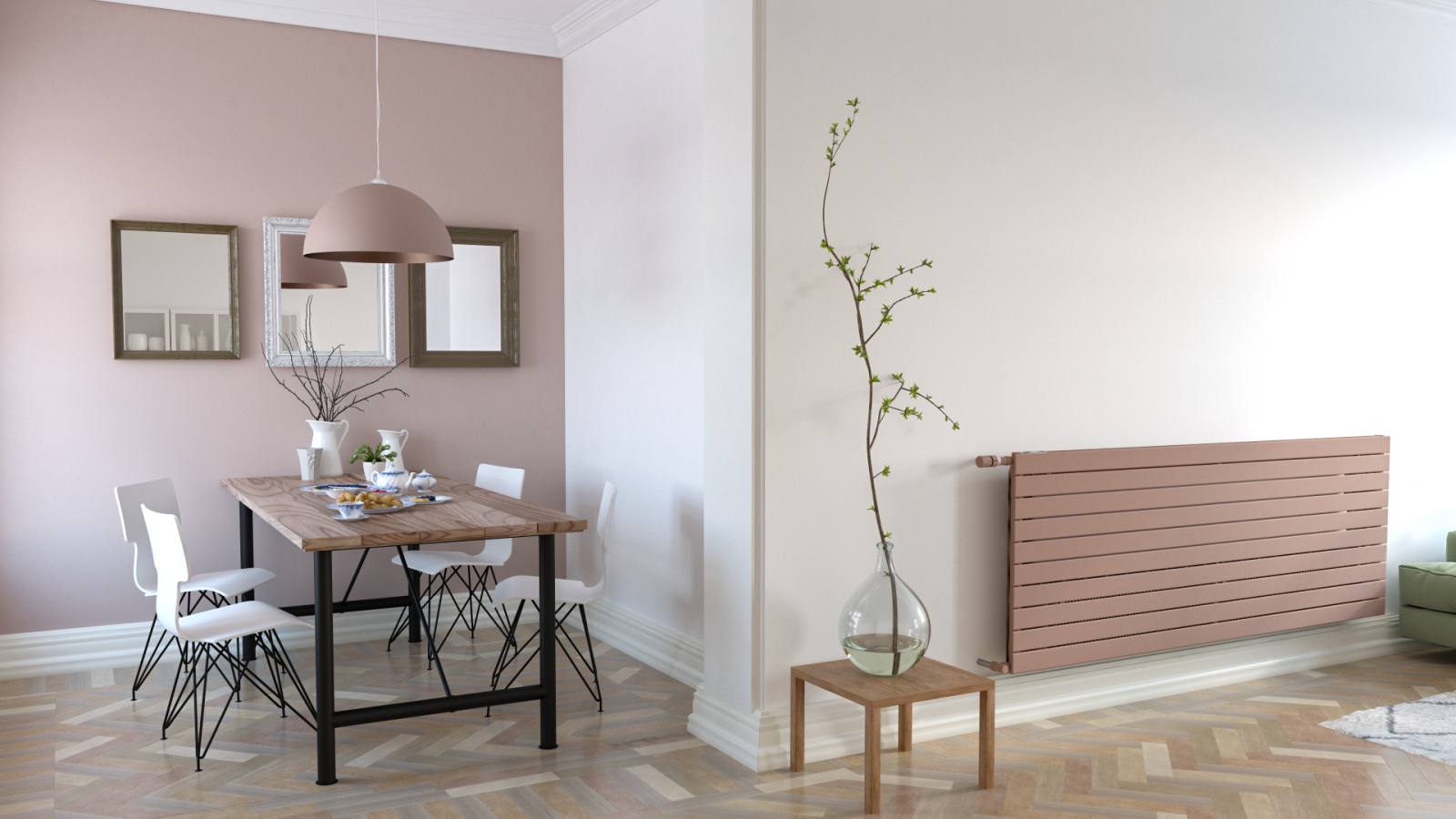 Zehnder, Nova Neo, Living room, classic building, wooden floor, fishbone flooring, 3d rendering, VNX2 074-200 (fig 1270),